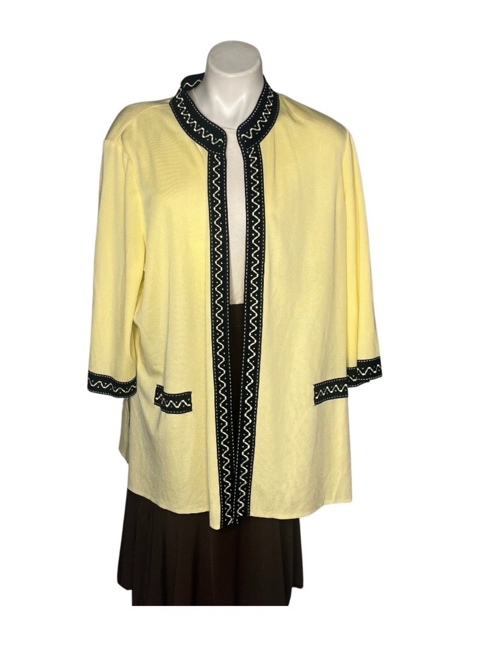 MING WANG Yellow Knit Open Front Cardigan Jacket Embroidered Trim Plus Size 3X